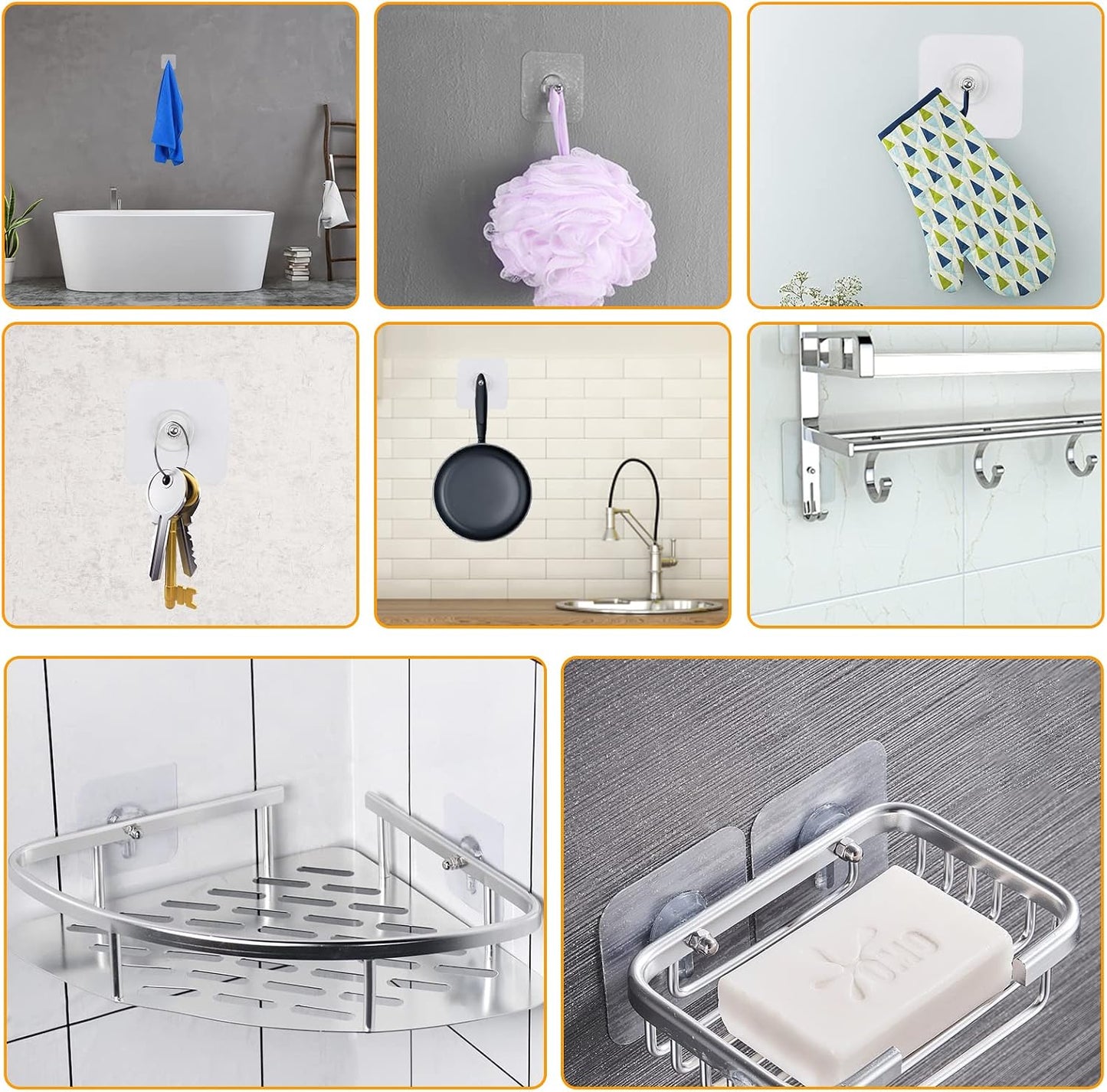 Large Adhesive Hooks for Hanging Heavy Duty 60Ib(Max) 8 Packs, Waterproof & Rustproof Wall Hangers Without Nails for Kitchen, Bathroom, Home, Office, Coat, Towel, Plant, Transparent