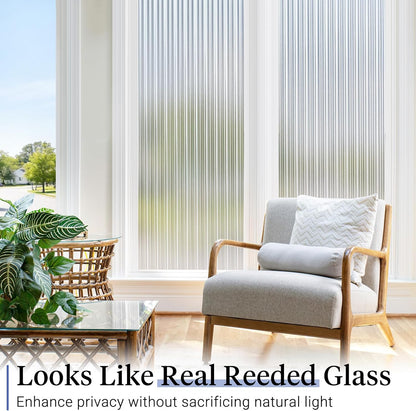 Haton Reeded Glass Window Privacy Film, Static Cling Non-Adhesive Frosted Film, UV Blocking Heat Control Removable Window Sticker for Bathroom Door Home Office, 17.5" x 78.7"