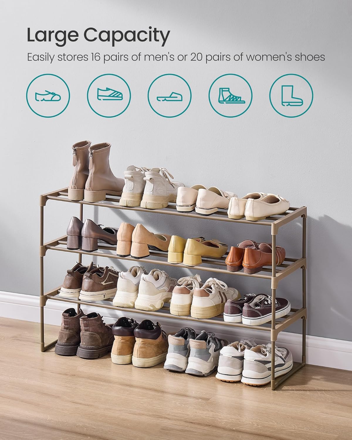 SONGMICS Shoe Rack, 6-Tier Shoe Organizer, Metal Storage Shelf, Upright or Upside Down, for 24-30 Pairs, Stackable, for Entryway, 11.8 x 36.2 x 42.7 Inches, Black ULSA306BH01