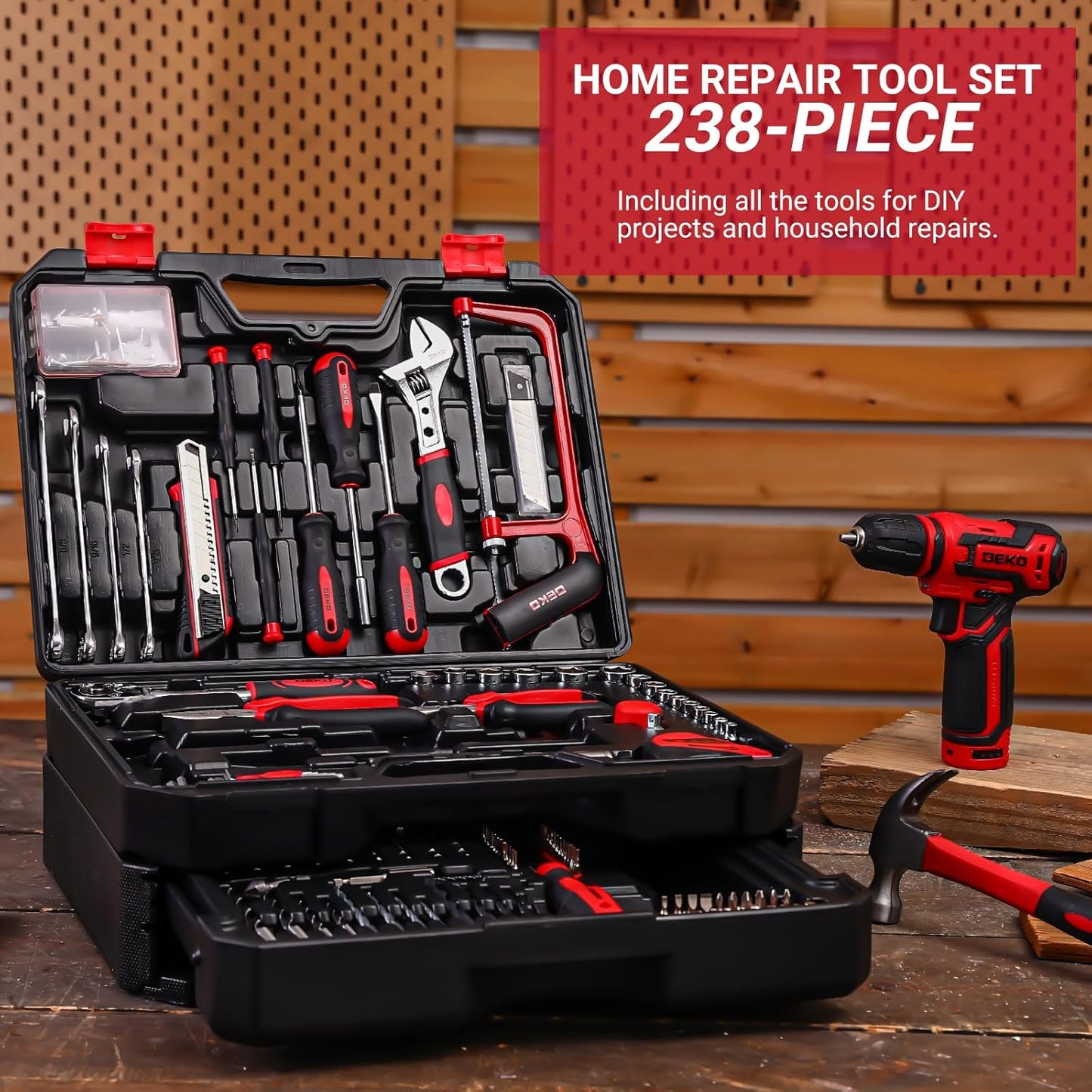 Pink Tool Kit Box Drill Set：DEKOPRO Home Mechanic Toolbox with 12V Power Cordless Drill Hand Repair Tools Sets Combo Kits Storage Organizer Drawer Case for Men & Women