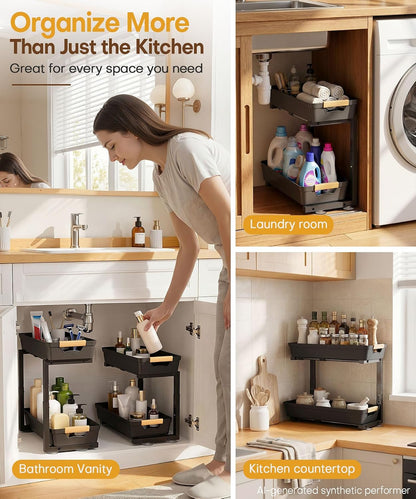 Homde Sliding Under Sink Organizer: 2 Pack 2-Tier Cabinet Shelf with Upper & Lower Pull-Out Baskets - C-Shaped 3 Adjustable Heights for Kitchen Bathroom