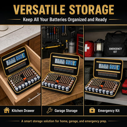 Comecase Battery Storage Case with Tester, Holds 148+ AA AAA C D 9V, Black | Hard-Shell Design, Carry Handle and Custom Foam Slots Keep Batteries Visible, Separated and Ready for Home, Garage or Office