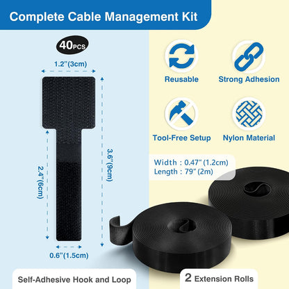 Cable Management Kit – 40 Self-Adhesive Hook & Loop Cable Ties with 2 Extension Straps, Strong Adhesive Cord Organizer for Desk, Wall, Home & Office – Adjustable Wire Holders (Black)