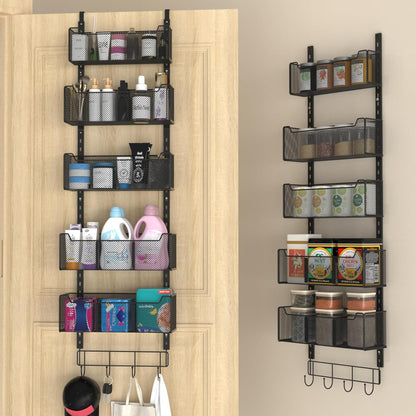 VyGrow Over The Door Organizer, Metal Door Organizer Hanging with 5 Adjustable Baskets and Coat Hook, Behind The Door Storage for Bedroom Closet Bathroom Pantry Cabinet Kitchen, Black
