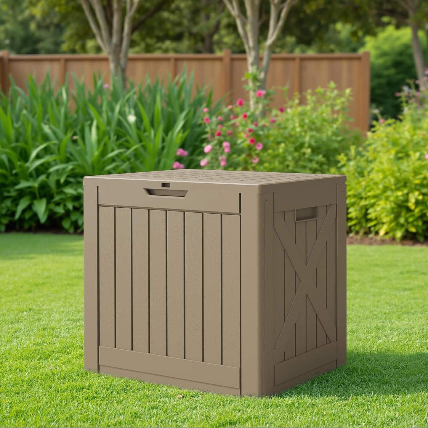 JUMMICO 31 Gallon Resin Deck Box Waterproof Indoor Outdoor Storage Boxes for Patio Furniture Cushions and Garden Tools (Brown)