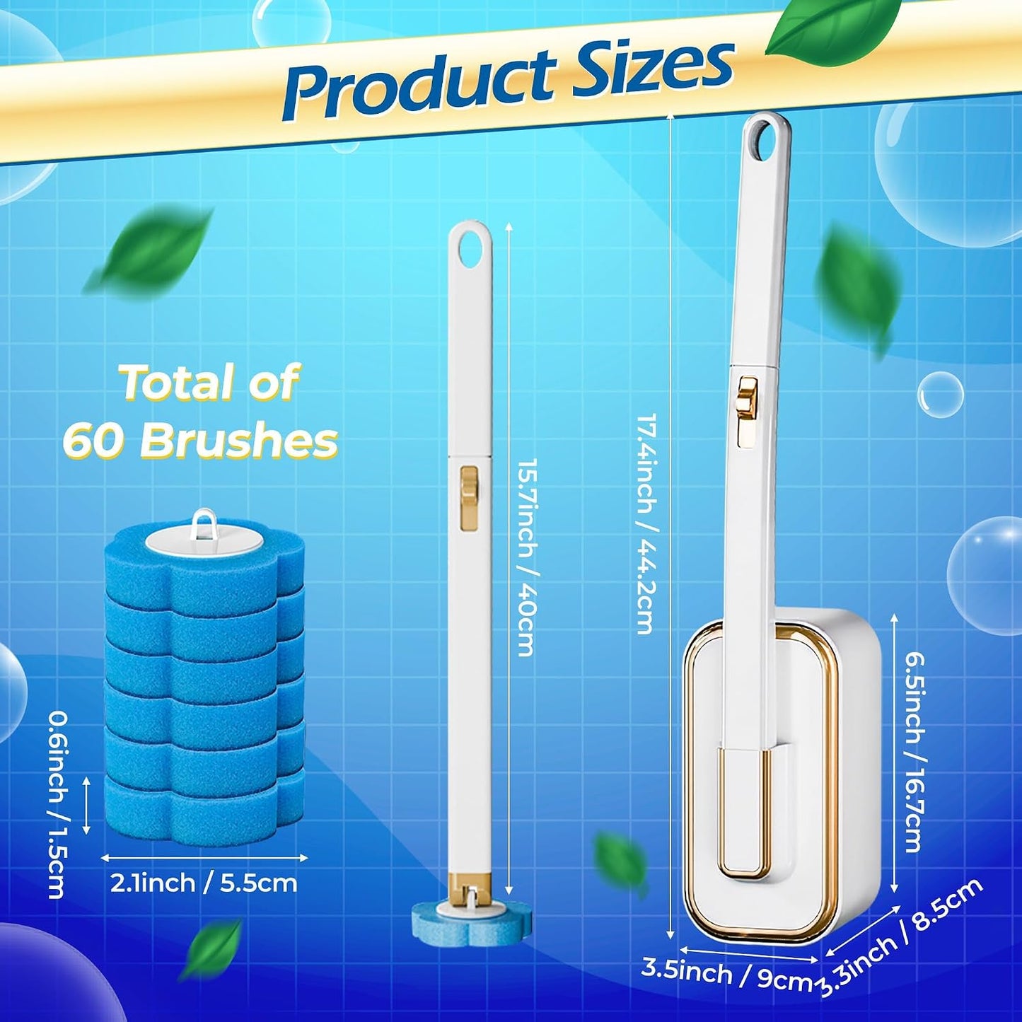 Disposable Toilet Cleaning Brush - Toilet Bowl Cleaner Wand and Holder Set with 60 Refills, Wall Mounted Clean Stick Brush Heads Kit with Handle for Bathroom Bathtub Cleaning System