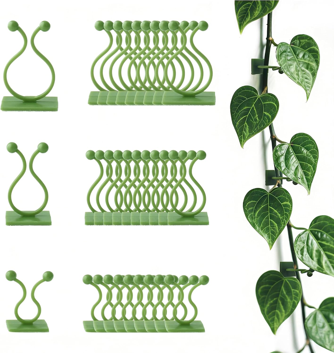 Beurio Plant Clips for Wall, 30 Pcs Self Adhesive Vine Clips | 3 sizes, smooth-surface adhesive, ivy and pothos support, green plastic, cable tidying