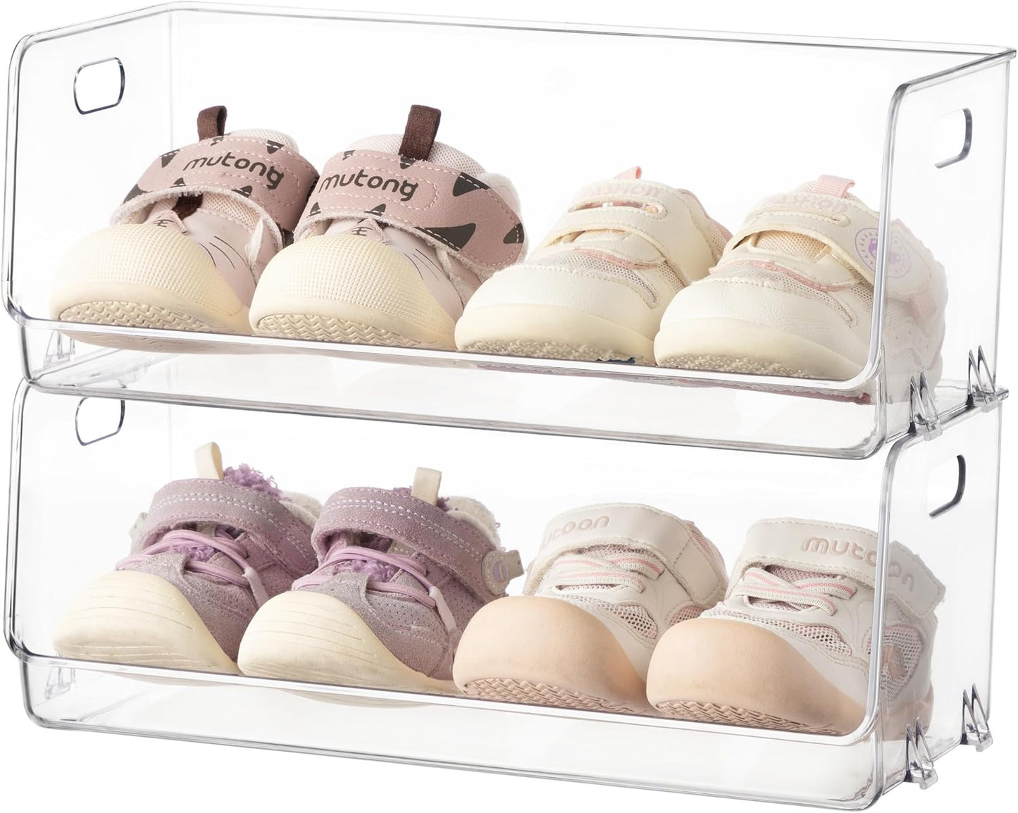 HBlife Clear Acrylic Kids Shoe Rack Baby Toddler Shoe Storage Organizer for Closet Floor Entryway Bedroom, 4 Tier Stackable Small Shoe Rack Shelf Display Stand