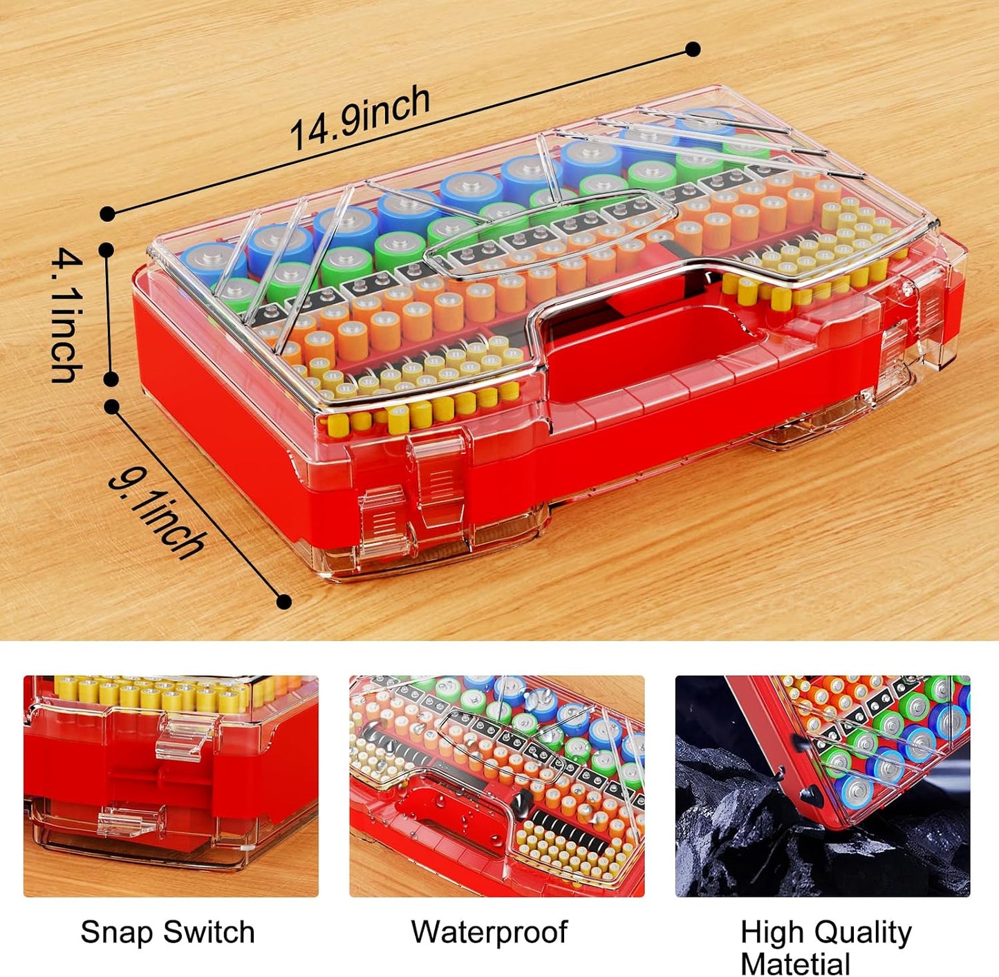 Battery Organizer Storage Holder Box Case with Tester - 285 Batteries Double-Sided Variety Pack, Holds AA AAA 4A C D Cell 9V 3V Lithium LR44 CR2 CR123 CR1632 18650 Button (Batteries Not Included)