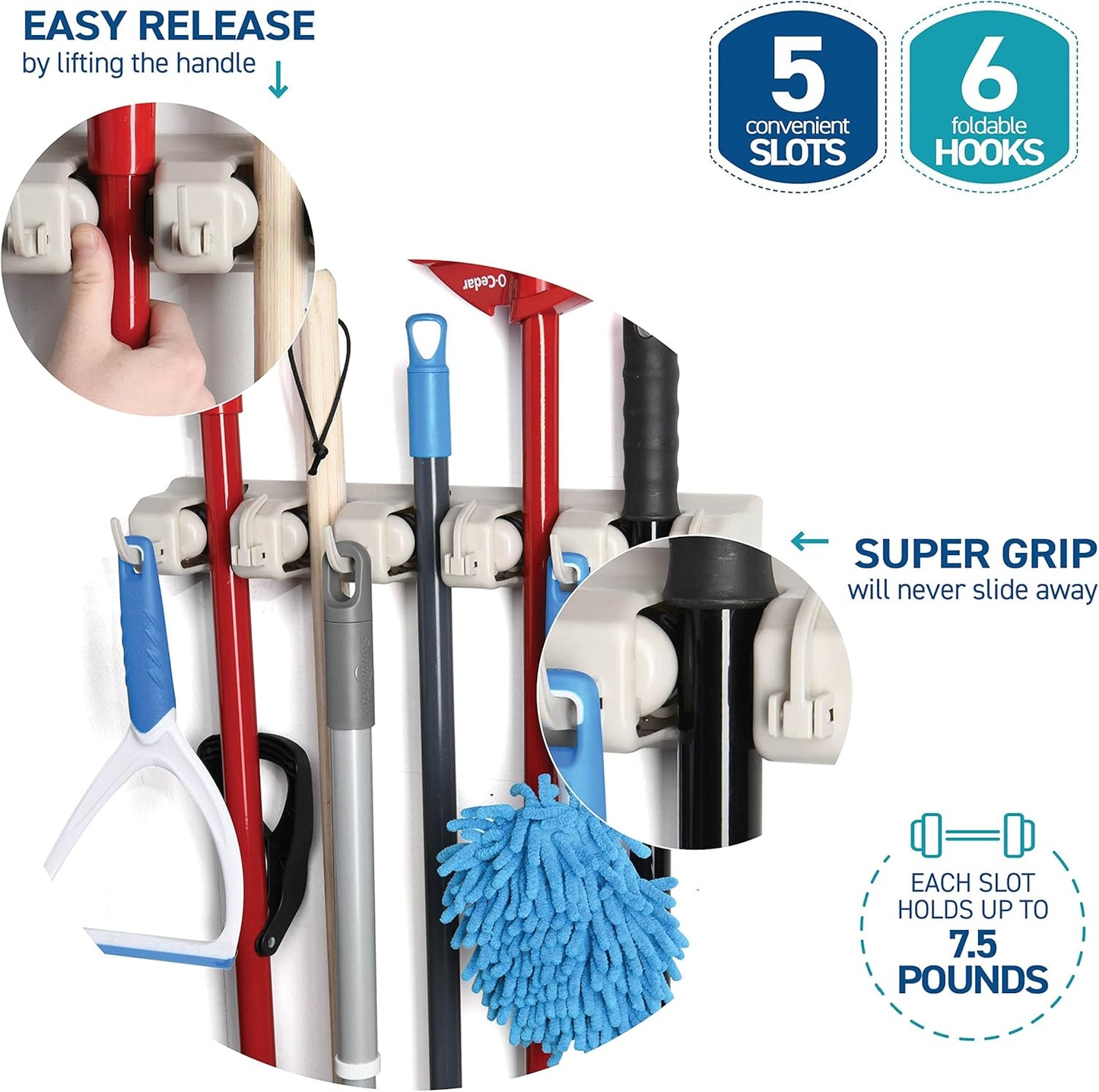Mop and Broom Holder Wall Mount - Garage Storage Organizer with 5 Slots, 6 Hooks, 7.5lbs Capacity Per Slot - Home, Kitchen, Closet, Garden Tools, Laundry Room Organization – Black Broom Hanger