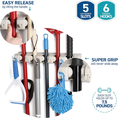 Mop and Broom Holder Wall Mount - Garage Storage Organizer with 5 Slots, 6 Hooks, 7.5lbs Capacity Per Slot - Home, Kitchen, Closet, Garden Tools, Laundry Room Organization – Black Broom Hanger