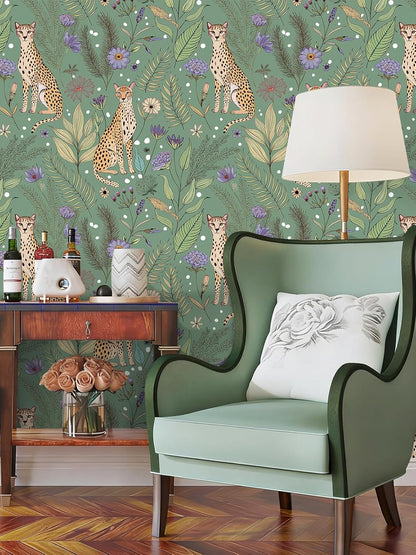 Floralplus Peel and Stick Wallpaper Leopard Jungle Removable Wallpaper for Bathroom Renter Friendly Wallpapers Self Adhesive Animal Floral Contact Paper for Accent Wall 17.5 x 118 in