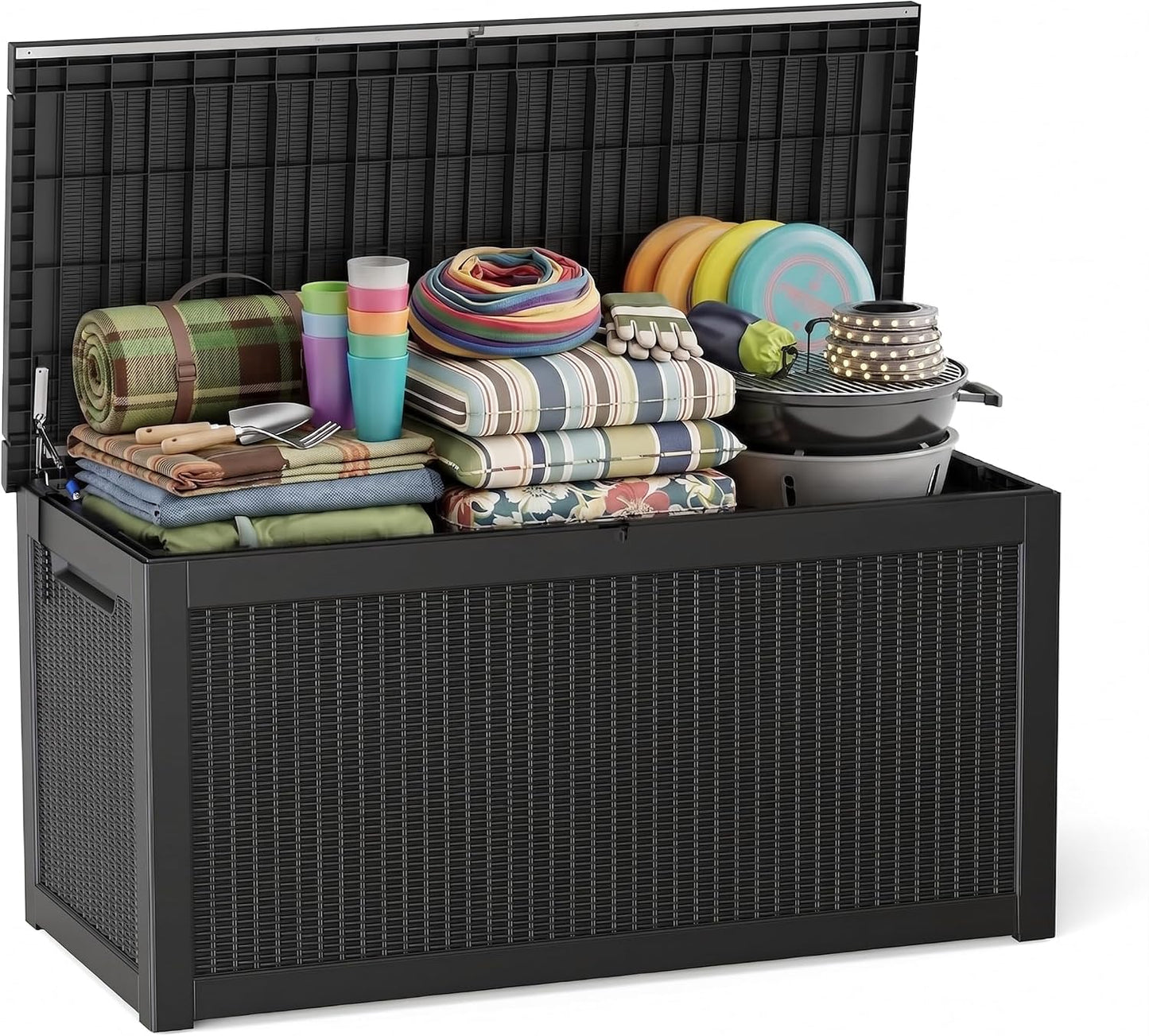 ROJIK 340 Gallon Deck Box Outdoor Waterproof,Weatherproof Outdoor Storage Boxes Lockable with Lid,Outside Resin Storage Bench for Patio Cushions,Garden Tools and Pool Accessories(Black)