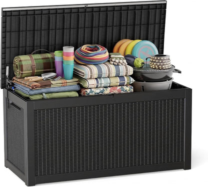 ROJIK 340 Gallon Deck Box Outdoor Waterproof,Weatherproof Outdoor Storage Boxes Lockable with Lid,Outside Resin Storage Bench for Patio Cushions,Garden Tools and Pool Accessories(Black)
