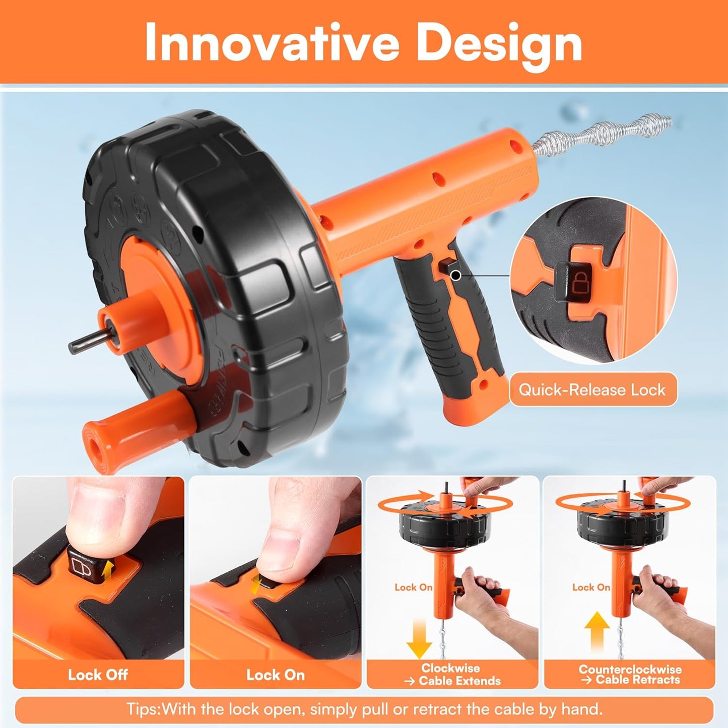 Drain Snake Hair Drain Clog Remover with Drill Adapter, 33ft Flexible Steel Spring Head Drain Augers, Manual or Powered, Sink Drain Snake Clog Remover for Bathroom Kitchen Tub Shower Drain Snake