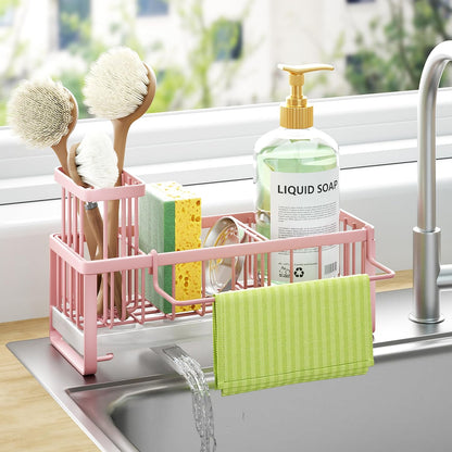 HapiRm Sponge Holder for Kitchen Sink - Self-draining Sink Caddy with Brush and Dishcloth Holders, Stainless Steel Kitchen Countertop Organizers and Storage Essentials - Black