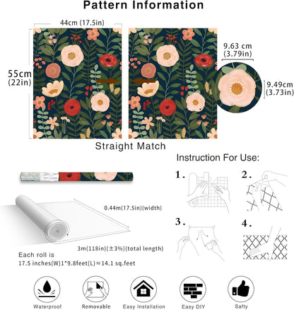 HAOKHOME Floral Peel and Stick Wallpaper Boho Vintage Wall Paper Removable for Bathroom Nursery Beige/Pink/Red Contact Paper 17.3in x 9.8ft