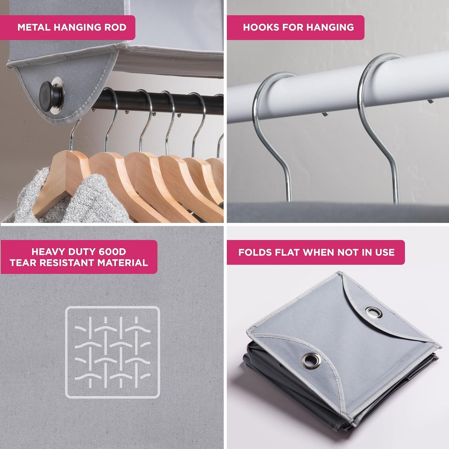HOLDN’ STORAGE Hanging Closet Organizer with Garment Rod – Heavy Duty 4-Shelf Hanging Shelves for Clothes, Sweaters & Shoes, Reinforced 600D Fabric Storage Unit with Built-in Clothing Rod, Grey