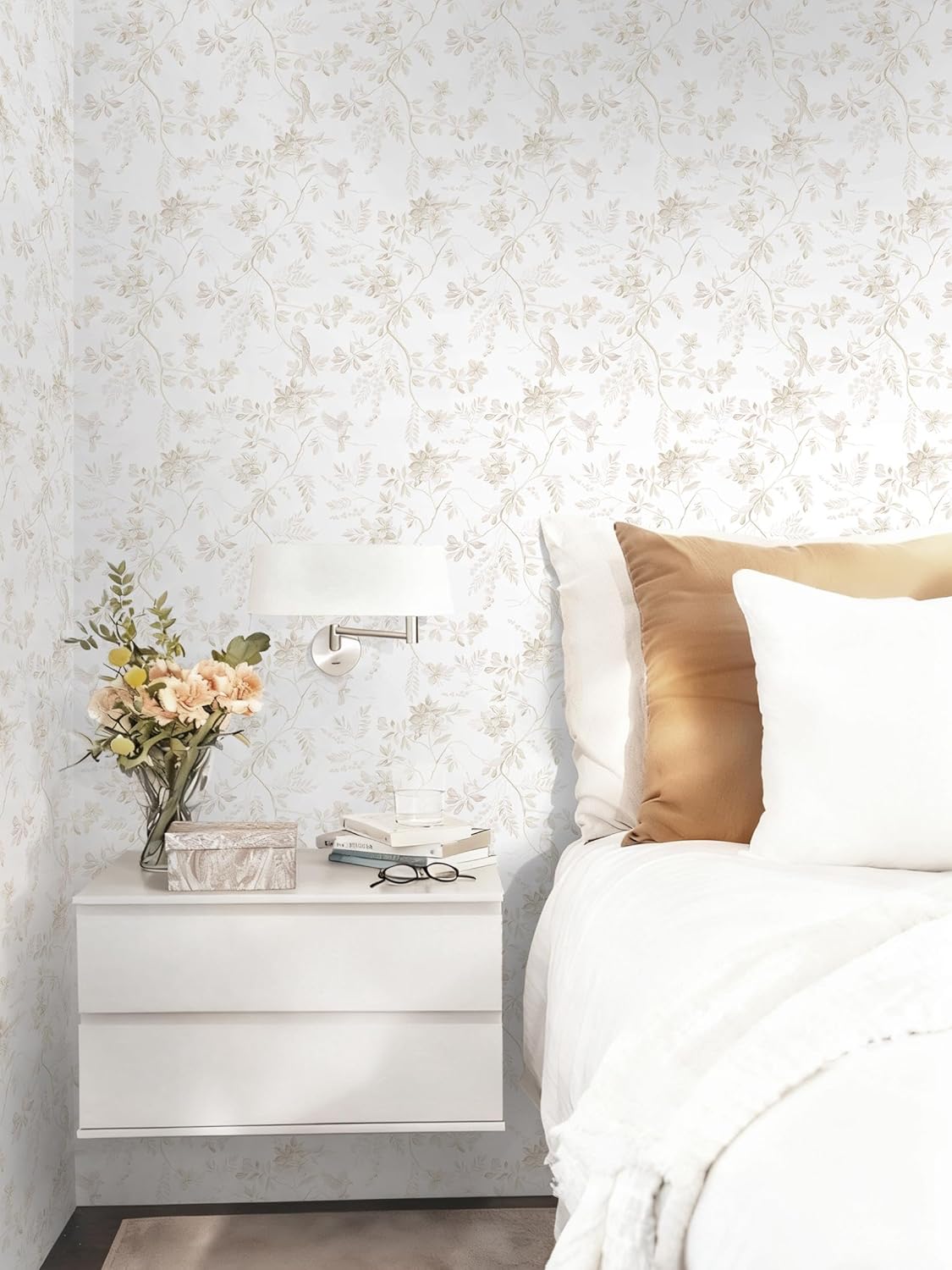 Dimoon 17.3''x78.7'' Vintage Peel and Stick Wallpaper Boho Beige Neutral Contact Paper White Floral Bird Wallpaper Removable Botanical Renter Friendly Modern Wall Paper Bedroom Bathroom Vinyl Roll