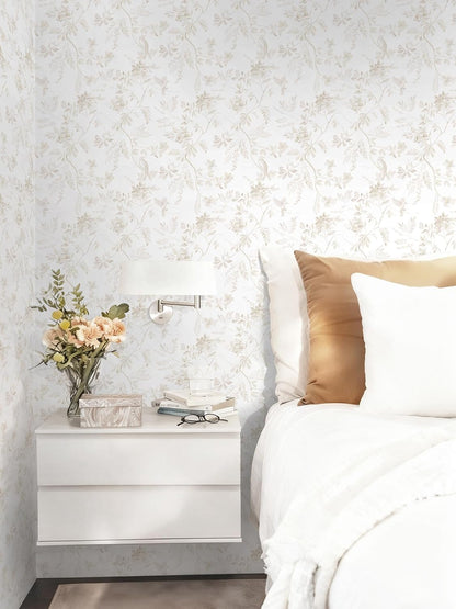Dimoon 17.3''x78.7'' Vintage Peel and Stick Wallpaper Boho Beige Neutral Contact Paper White Floral Bird Wallpaper Removable Botanical Renter Friendly Modern Wall Paper Bedroom Bathroom Vinyl Roll