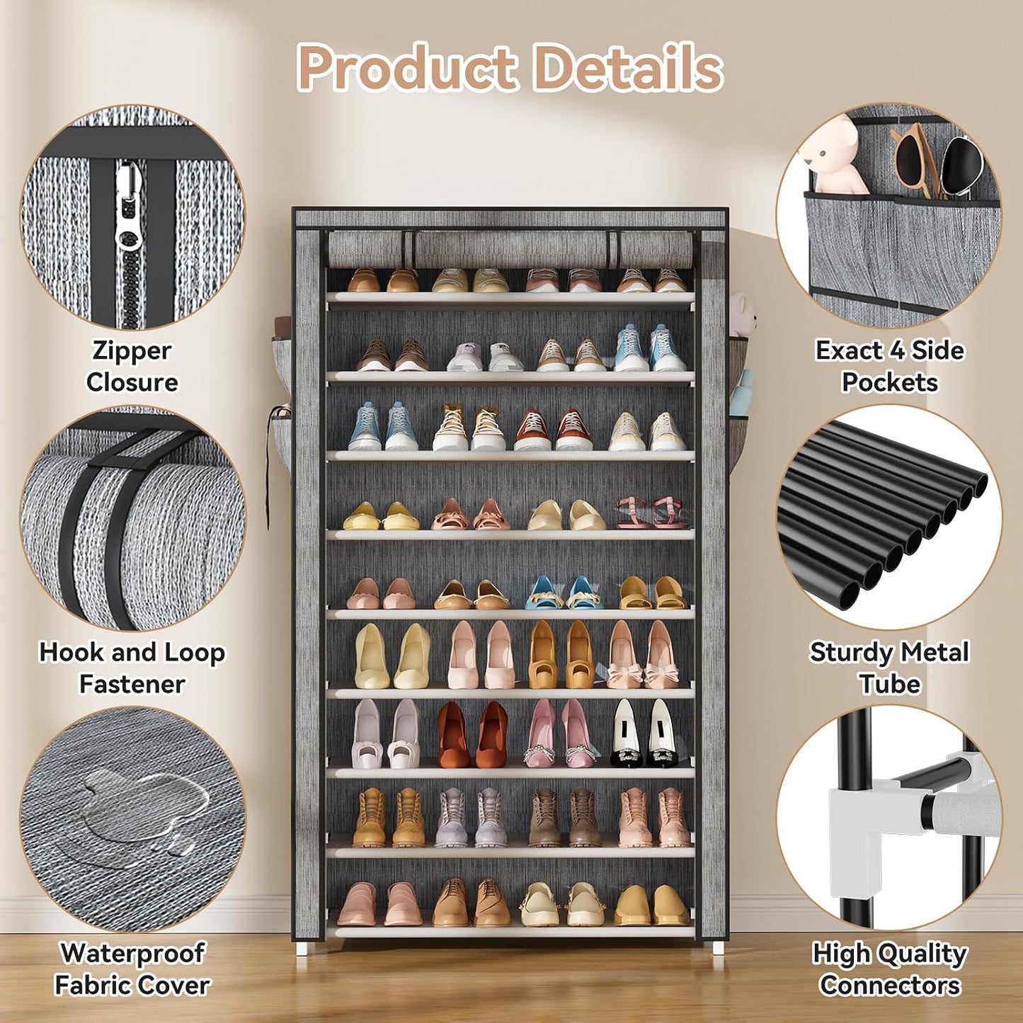 LANTEFUL Shoe Rack with Covers - 10 Tiers Tall Shoe Rack Organizer Large Capacity Shoe Shelf Storage 40 Pairs Space Saving Vertical Shoe Storage Organizer for Closet, Entryway, Dorm, Bedroom