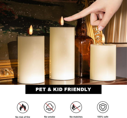 White Flameless Pillar Candles, Battery Operated Wax Candles with Remote, Flat Top Flickering Flameless Candles, LED Candle for Home, Wedding, Party Decor, Set of 3, Φ 3" H 4" 5" 6"