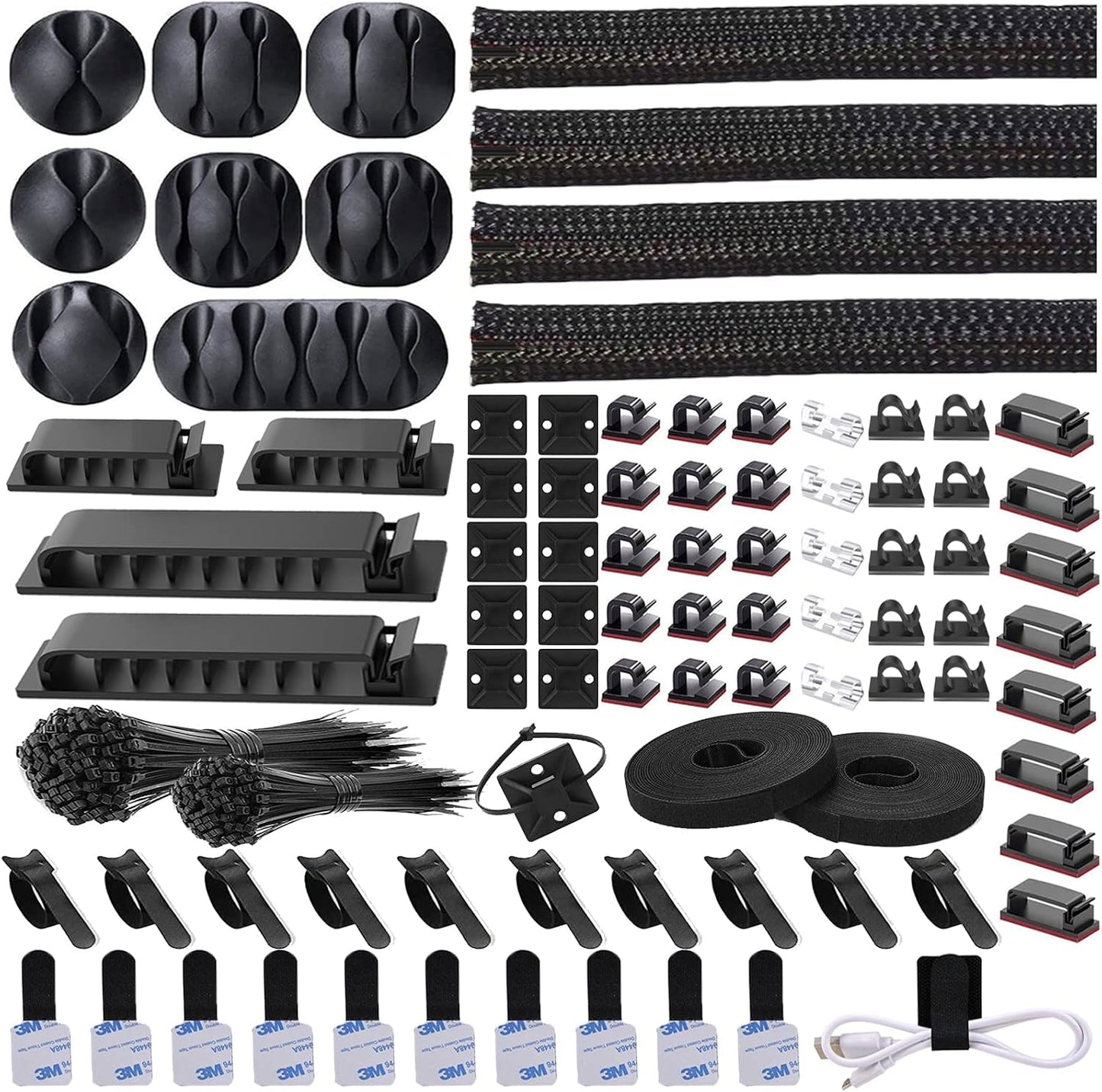 White Cable Management Organizer Kit 4 Cable Sleeve Split 311Pcs | 47Cable Clips 12Cord Clips Holder,22 Cable Ties, 20 adhesive Wall cable Tie, 200Fasten Cable Ties for TV Electronics