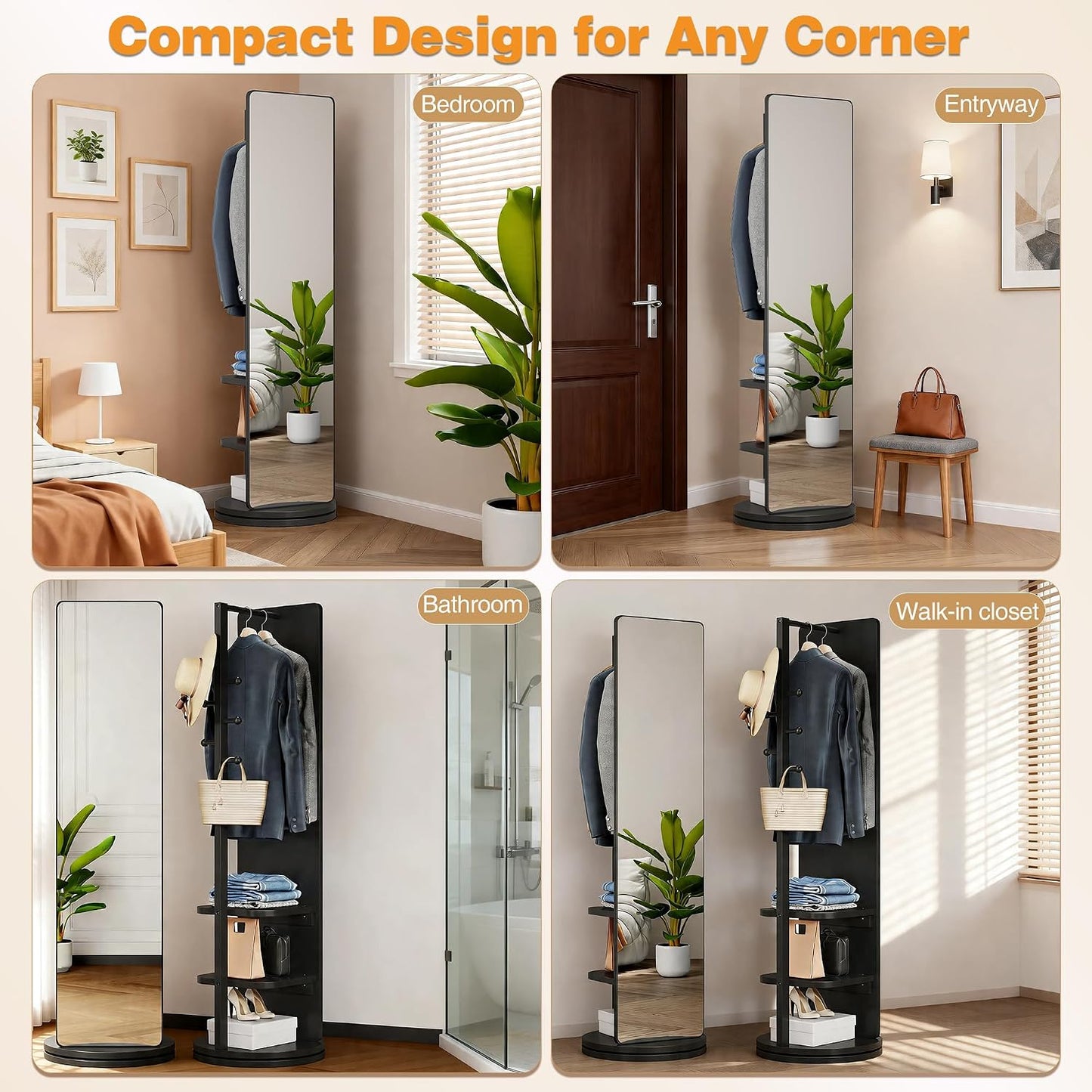 Full Length Mirror with Coat Rack & Storage, 360° Rotating Solid Wood Standing Floor Mirror with Shelves for Bedroom, Entryway, Dressing Room (Natural Wood, 66" x 18")