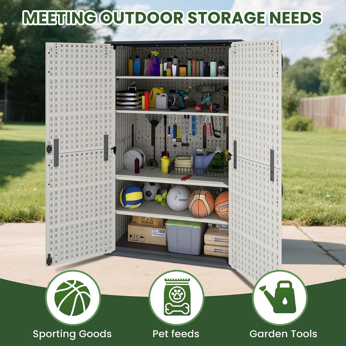 Greesum Outdoor Storage Cabinet, 26 CUFT Deck Box Without Shelves, Waterproof Plastic Storage Shed for Patio Cushions, Gardening Tools, Lockable and Sidehandles, UV Resistant, Beige