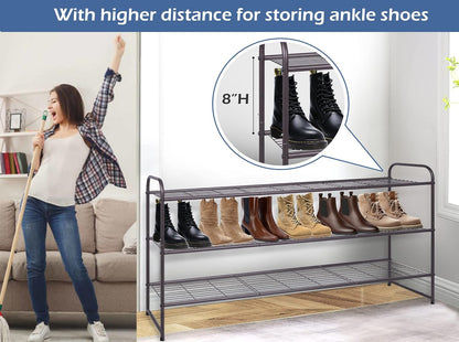 KEETDY 3-Tier Long Shoe Rack for Closet Metal Shoe Organizer for Entryway, Wide Stackable Shoe Storage Shelf with Sturdy Wire Grid for Closet Floor, Bedroom, Black