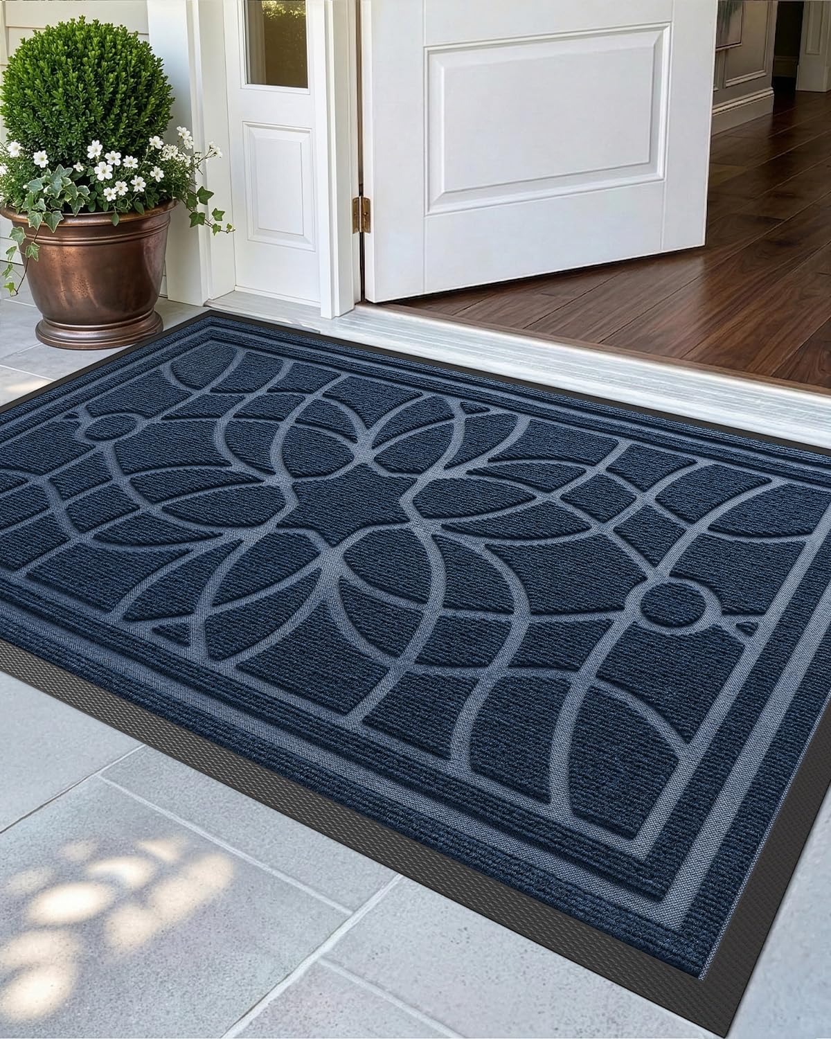 DEXI Front Door Mat Outside Entrance, Heavy Duty Non Slip Low Profile Doormat for Entryway, Trap Dirt and Moisture Welcome Mats, Easy Clean, Patio, Garage, 3x2, Blue