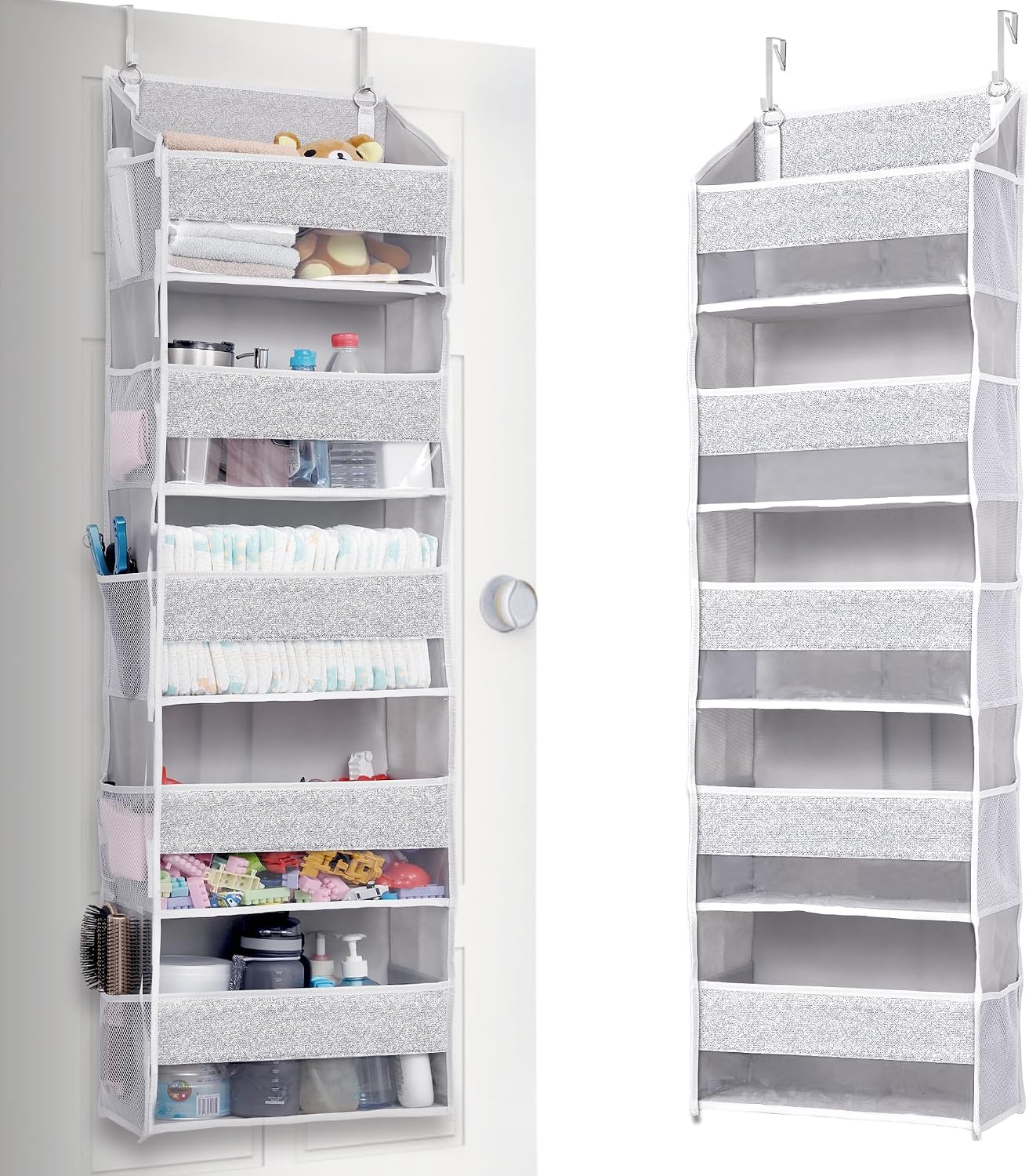 ULG 1 Pack Over Door Organizer with 5 Large Pockets 10 Mesh Side Pockets, Upgraded Linen Texture Over The Door Storage, 44 lbs Weight Capacity Hanging Storage Organizer, Ivory