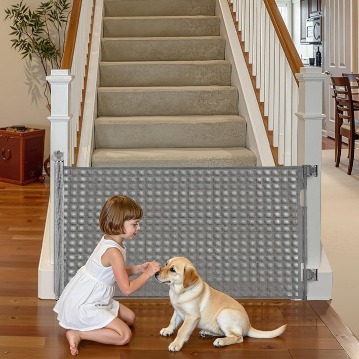 VEVOR Retractable Baby Gate, Extends to 202.7 inch Extra Wide, 39 inch Tall, with Reinforced Fiberglass Strips, Avoids Crawling Through, Mesh Dog Gate for Decks, Doorways, Garages, Indoor, Black