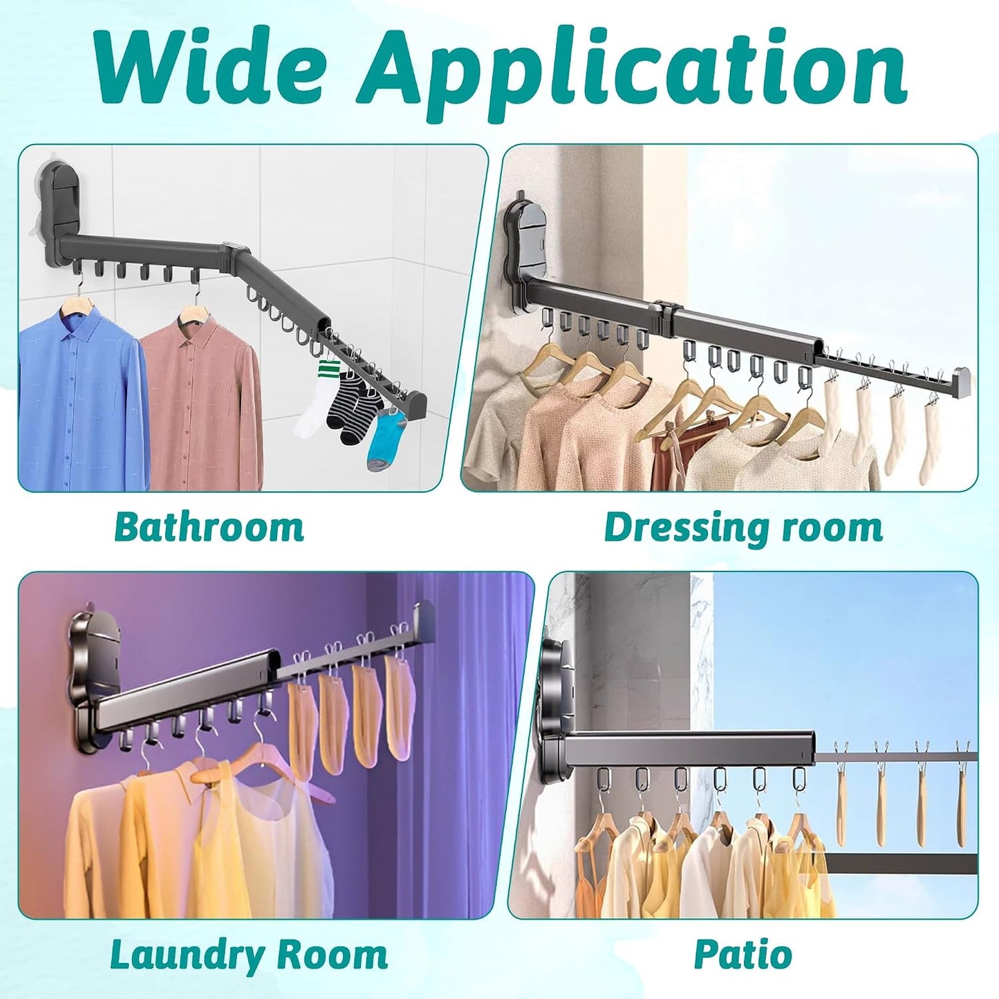Wall Mounted Drying Rack - Laundry Room Clothes Foldable Hanging Dry Rack, Suction Cup Wall Mount Folding Clothes Hanger Collapsible with 12 Hooks and 4 Clips, Retractable Clothing Holder