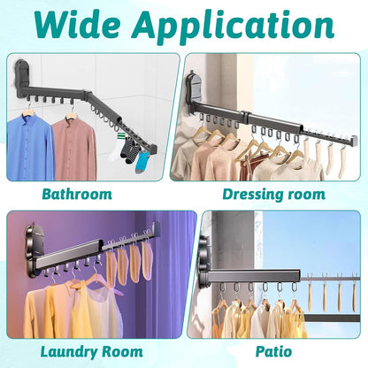 Wall Mounted Drying Rack - Laundry Room Clothes Foldable Hanging Dry Rack, Suction Cup Wall Mount Folding Clothes Hanger Collapsible with 12 Hooks and 4 Clips, Retractable Clothing Holder