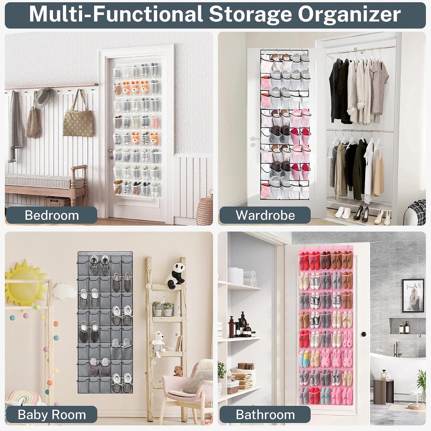 40 Large Mesh Pocket Over the Door Shoe Organizer,Hanging Shoe Rack for Door,Hualleko Shoes Organizer Hanger with Large Capacity, Shoes Storage Holder Sturdy Non-woven Fabric - Stores 20 Pairs (White)