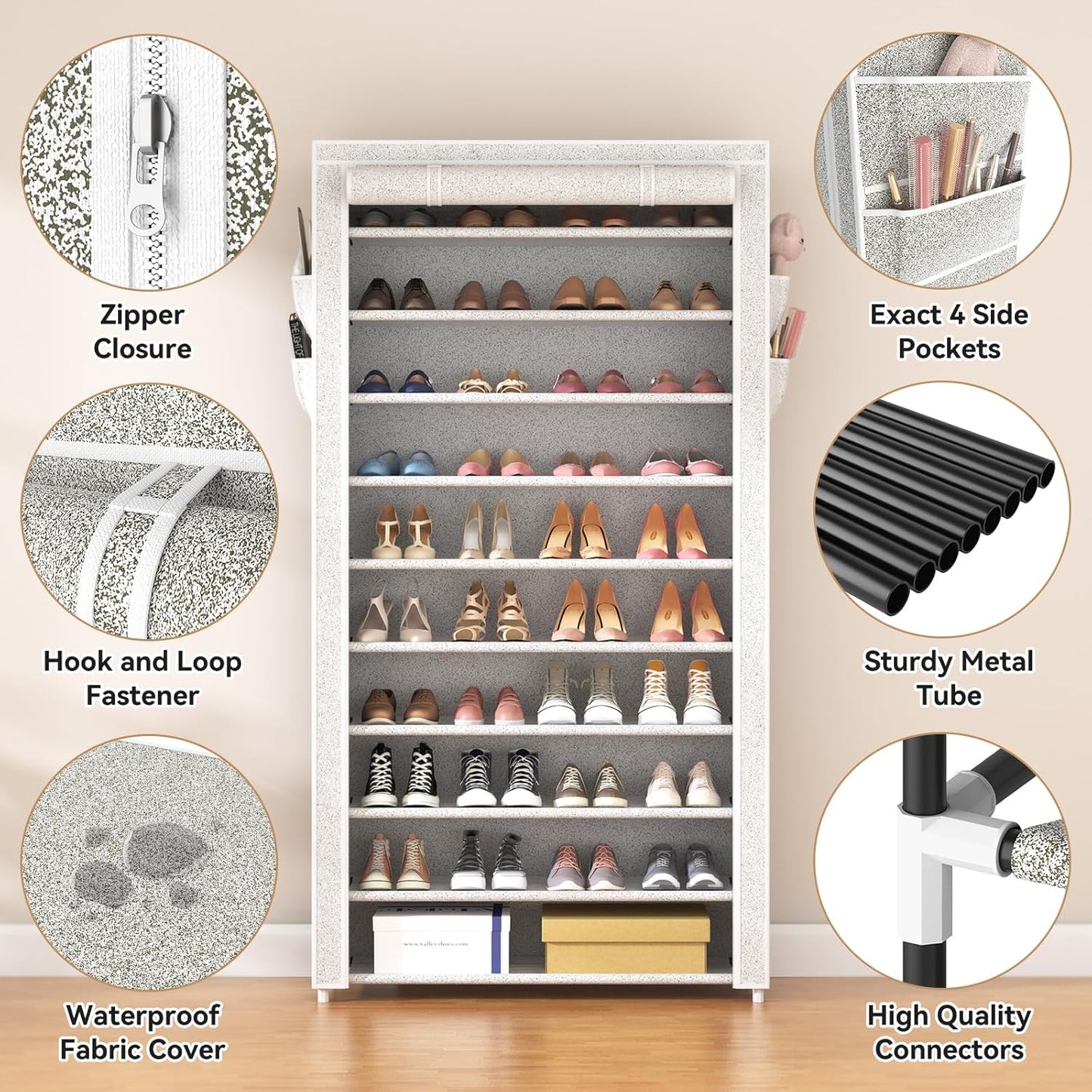 ROJASOP 10 Tier Shoe Rack with Covers,Large Capacity Stackable Tall Shoe Shelf Storage to 50-55 Pairs Shoes and Boots Sturdy Metal Free Standing Shoe Rack Organizer for Closet Entryway Garage