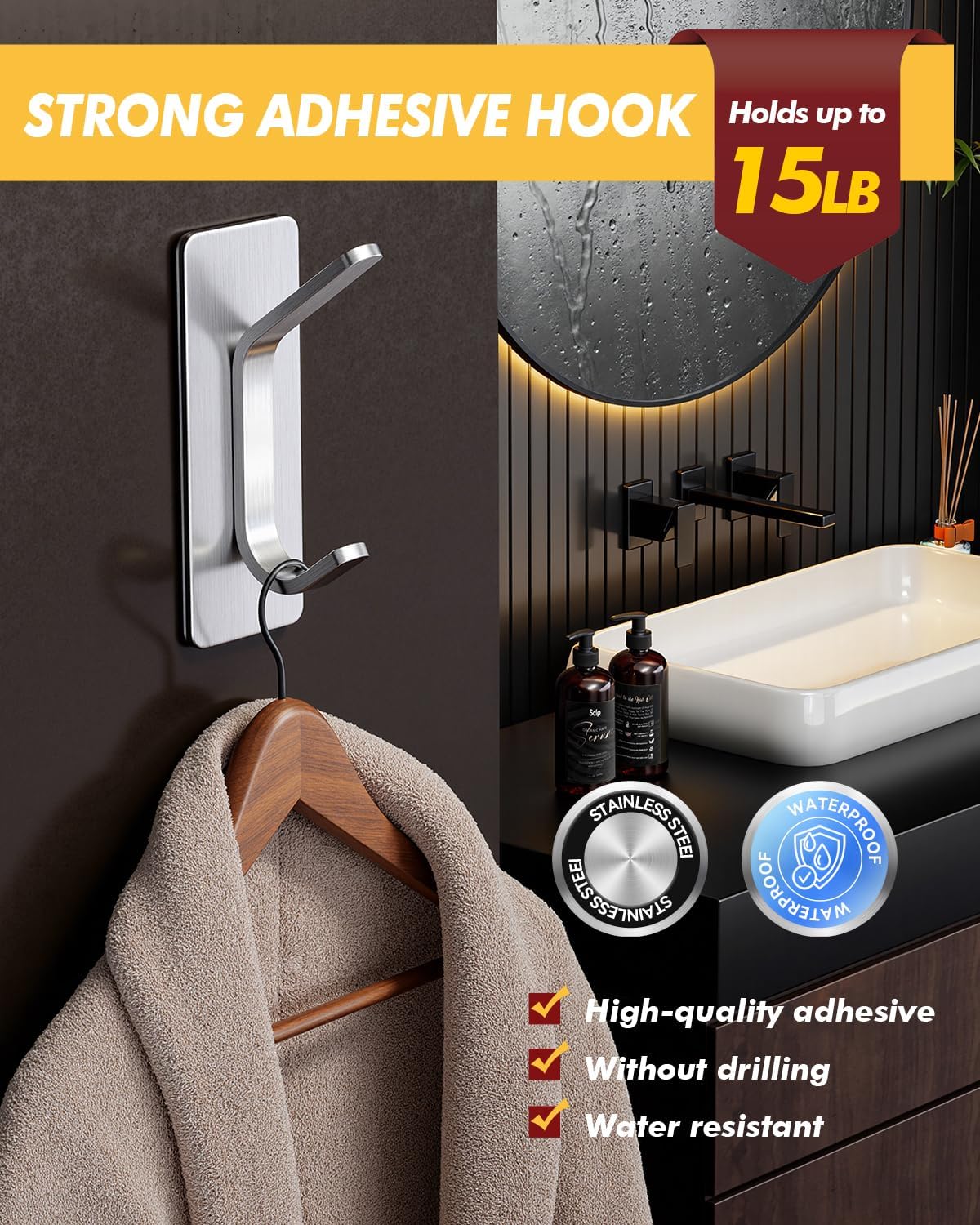 Auxmir Self Adhesive Hooks 15lbs Heavy Duty, 5 Pack Stainless Steel Wall Hooks for Coat Towel Robe, Waterproof Rustproof Oilproof, No Drill Door Hanger for Bathroom Shower Kitchen Office RV, Silver