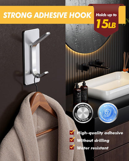 Auxmir Self Adhesive Hooks 15lbs Heavy Duty, 5 Pack Stainless Steel Wall Hooks for Coat Towel Robe, Waterproof Rustproof Oilproof, No Drill Door Hanger for Bathroom Shower Kitchen Office RV, Silver