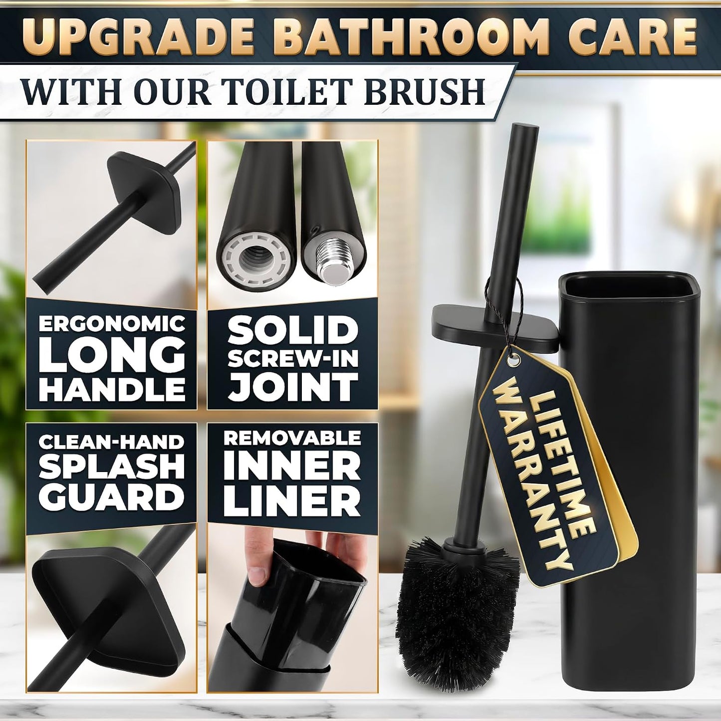 Black Toilet Brush and Holder Set - Slim Matte Design that Fits Anywhere - Stainless Steel Toilet Bowl Brush and Holder with 2 Rounded Corners, Replaceable Head, Removable Inner Bowl & Splash Guard