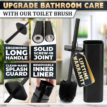 Black Toilet Brush and Holder Set - Slim Matte Design that Fits Anywhere - Stainless Steel Toilet Bowl Brush and Holder with 2 Rounded Corners, Replaceable Head, Removable Inner Bowl & Splash Guard