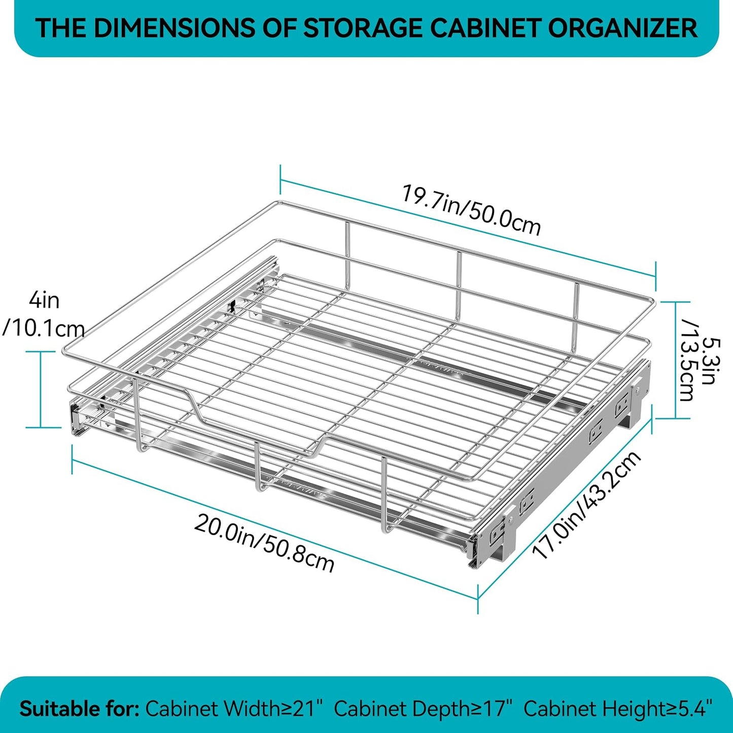 2 Tier Pull Out Cabinet Organizer 11" W X 22" D, Slide Out Drawers For Kitchen Cabinets, Pull Out Drawers For Cabinets Capacity Heavy Duty Caddy, Cabinet Pullout Shelves Chrome-Plated, Bathroom Pantry