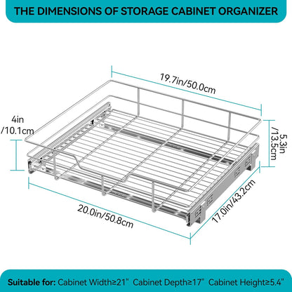 2 Tier Pull Out Cabinet Organizer 11" W X 22" D, Slide Out Drawers For Kitchen Cabinets, Pull Out Drawers For Cabinets Capacity Heavy Duty Caddy, Cabinet Pullout Shelves Chrome-Plated, Bathroom Pantry