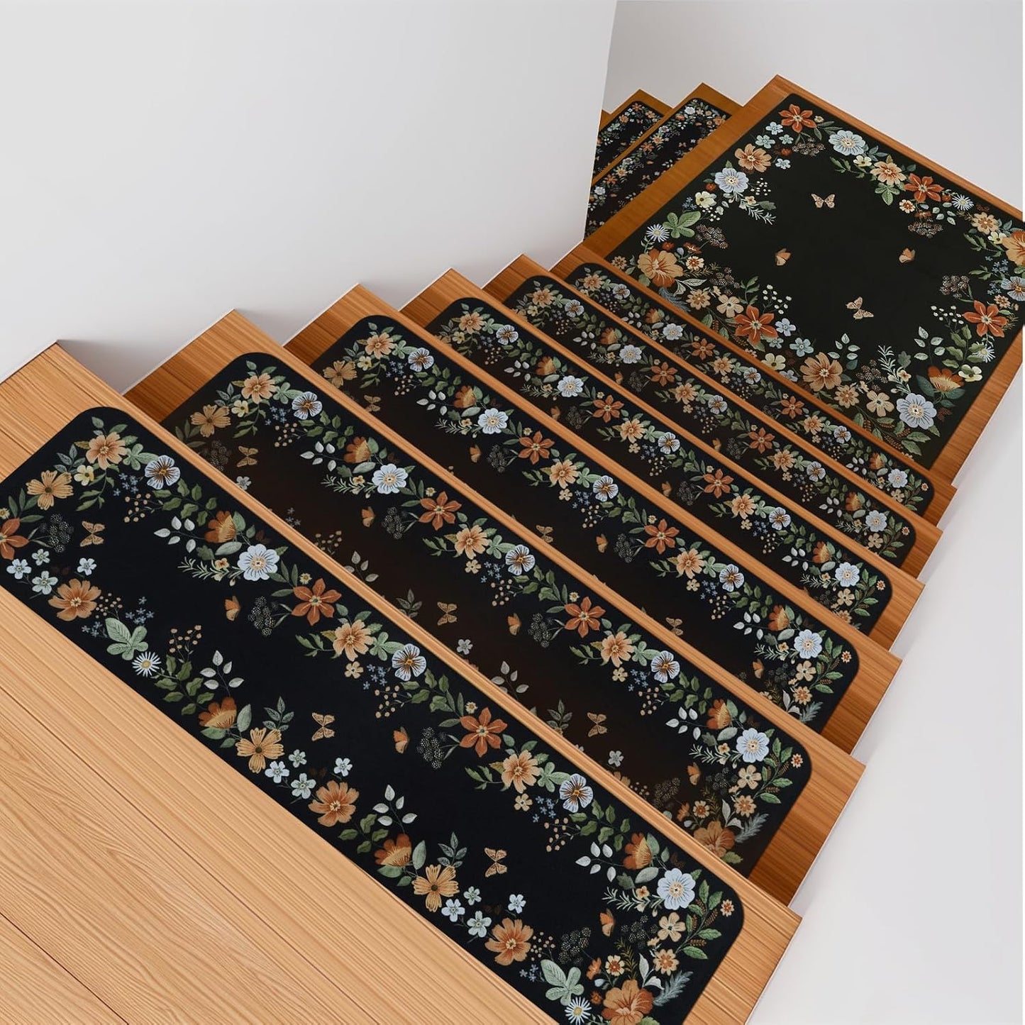 OJIA Floral Stair Treads Non-Slip Carpet Stair Treads for Wooden Steps Indoor 15PCS 30"x8" Stair Runner Stair Mats Staircase Step Treads for Kids, Elders and Dogs, Stair Covers, Black