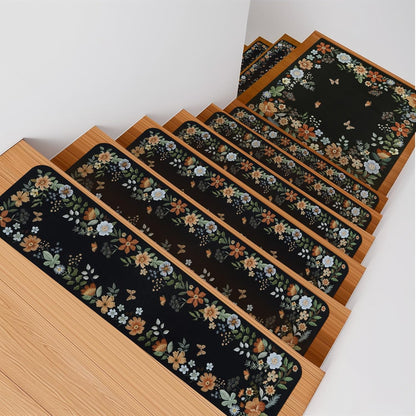 OJIA Floral Stair Treads Non-Slip Carpet Stair Treads for Wooden Steps Indoor 15PCS 30"x8" Stair Runner Stair Mats Staircase Step Treads for Kids, Elders and Dogs, Stair Covers, Black