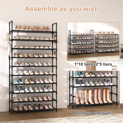 VTRIN 10 Tiers Tall Shoe Rack Holds 20-25 Pairs of Shoes Sturdy Vertical Shoe Organizer with 18pcs Hooks Stackable Narrow Shoe Rack for Closet, Entryway Black