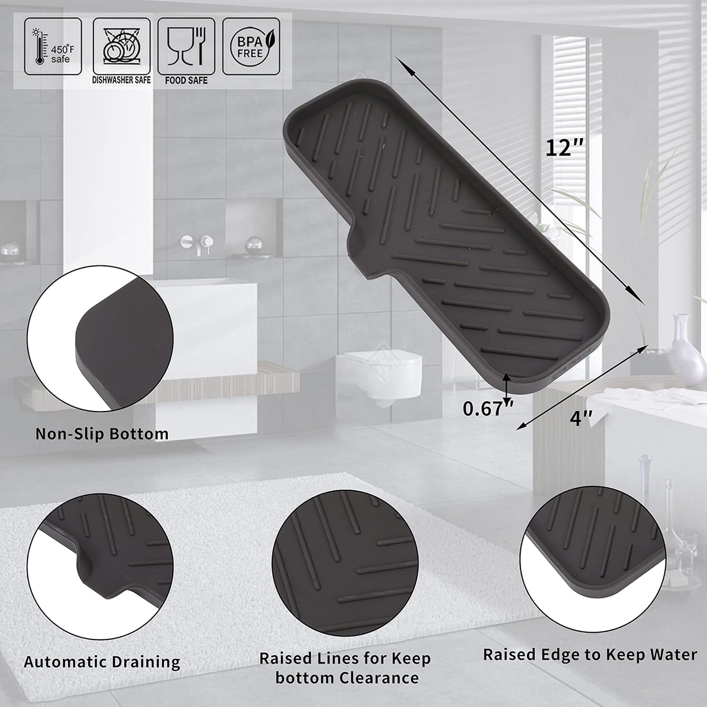 MicoYang Silicone Bathroom Soap Dishes with Drain Spout-Bathroom and Kitchen Sink Organizer,Sponge Holder,Dish Soap Tray,Perfect for Dispenser,Scrubber,Bottle,Cup on Sink or Counter-Coffee 4.9"×3.2"