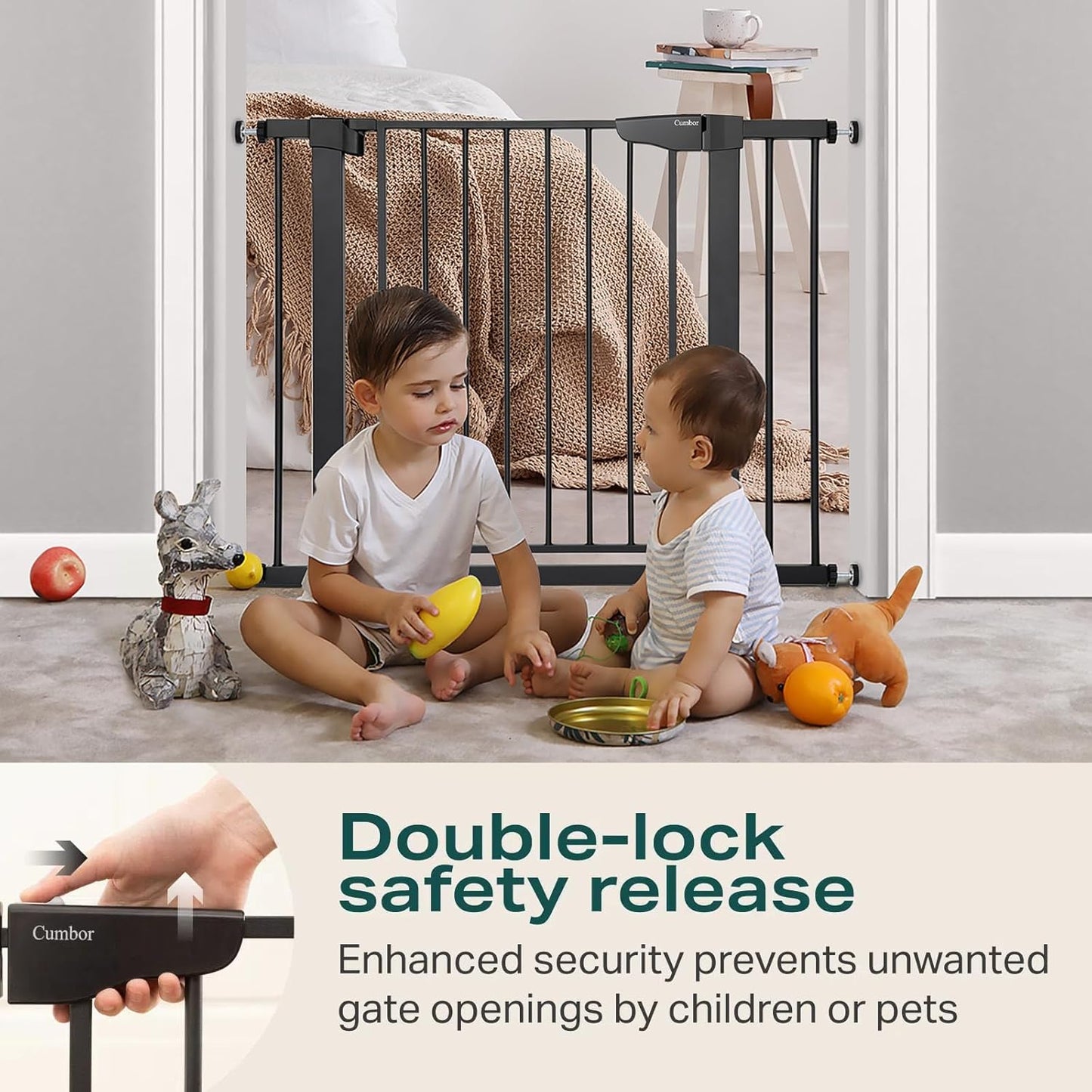 Cumbor 29.7-48" Baby Gate for Stairs, Mom's Choice Awards Winner-Dog Gate for Doorways, Auto Close Safety Pet Gate for Dogs Indoor, Easy Install Pressure Mounted Child Gate with Walk Thru Door, Brown