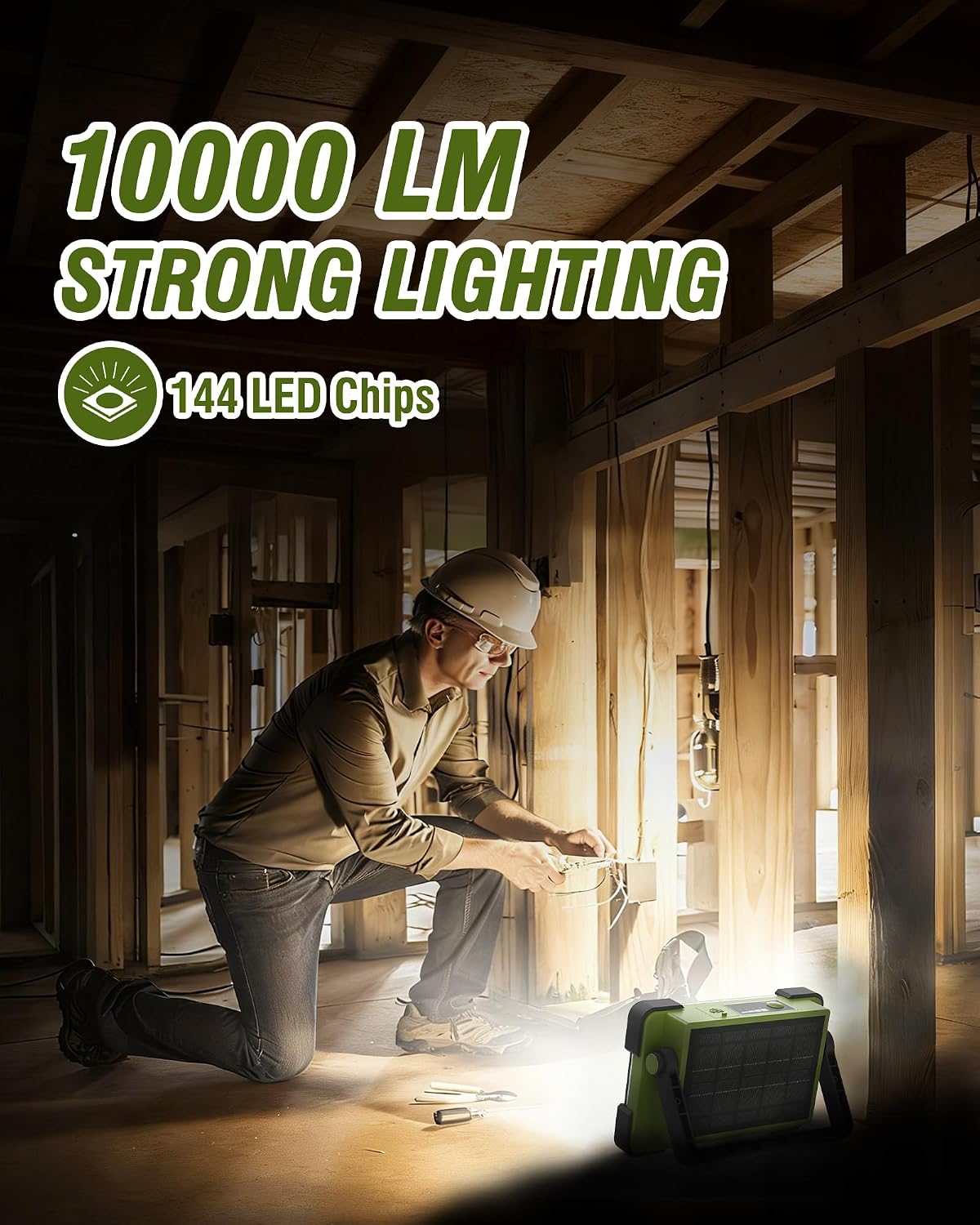 120W Solar Rechargeable Work Light, 144 LED 10000LM Led Work Light with 4 Modes, Portable Flood Light with Stand, IP66 Waterproof Outdoor Working Light for Emergency Mechanic Camping Repair (Yellow)