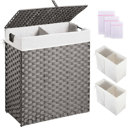 Greenstell Laundry Hamper with 2 Removable Liner Bags, Foldable Divided Clothes Hamper, 90L Handwoven Rattan Laundry Basket with Lid and Handles, No Assembly Needed, 18.3x13.3x24 Inches, Black